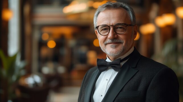 Hotel general manager in his sixties in the lobby of a luxury hotel