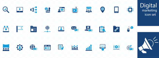 Digital marketing icon set. Containing seo, content, website, social media, sales and online advertising. Solid vector symbol collection