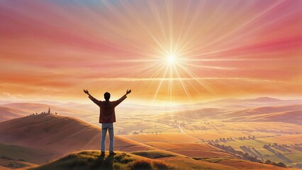 Persona alcanzando el éxito. Se representa en la cima de una montaña, en un atardecer, con los brazos extendidos, abrazando el éxito, en una puesta de sol simbólica. Senderismo. Paisaje. 