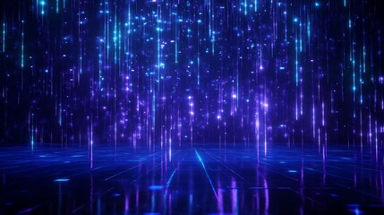 A mesmerizing digital background featuring vibrant purple and blue lights cascading dynamically, ideal for creative projects.