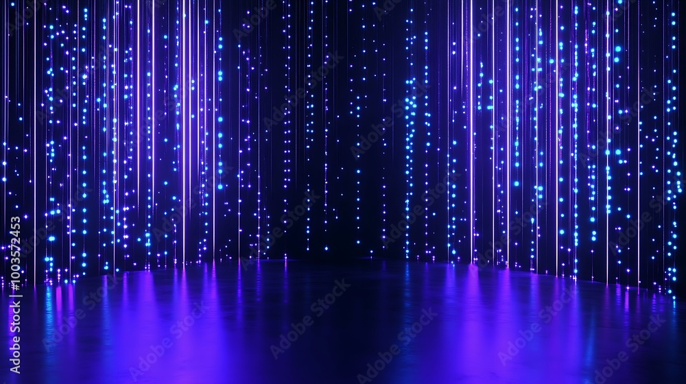 Poster a mesmerizing display of purple lights with sparkling effects in a dark setting, ideal for creating 