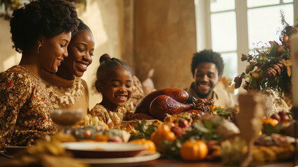 Happy African American family at festive table with turkey celebrating Thanksgiving, autumn holiday, lunch, dinner, dish, meal, decor, fall, october, november, halloween, celebration, man, children