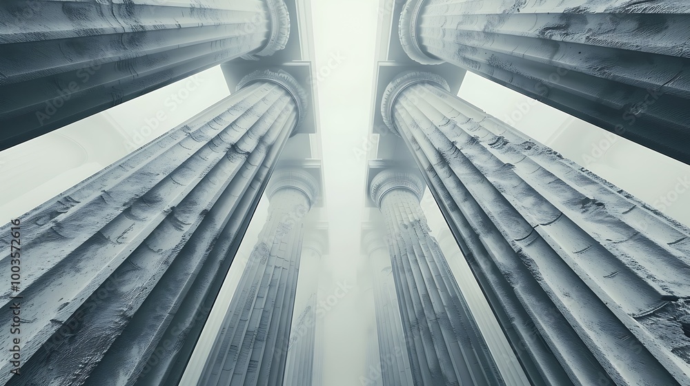 Poster low angle view of ancient greek columns reaching towards a misty sky. the columns are made of white 
