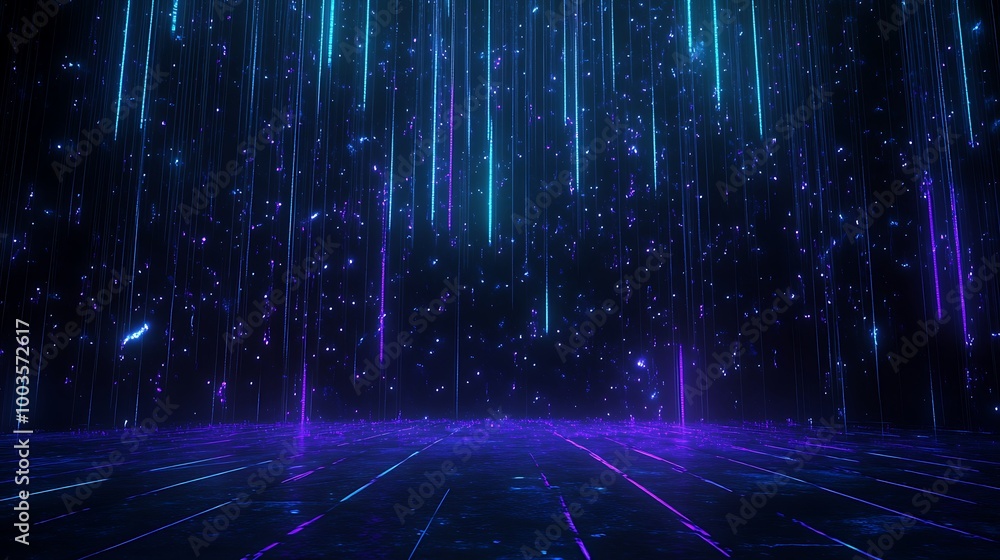 Poster a mesmerizing display of vibrant neon lights and digital particles raining down in a futuristic spac