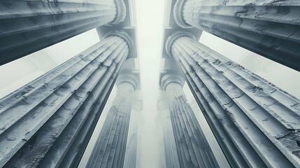 Low angle view of ancient Greek columns made of white marble reaching towards misty sky with symmetrical arrangement for classical architecture heritage and timeless design concept. © improvee design
