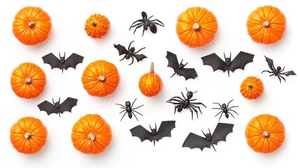 Top view of Halloween elements: pumpkins, bats, and spiders, isolated on a white background with copy space. No people, no logo.