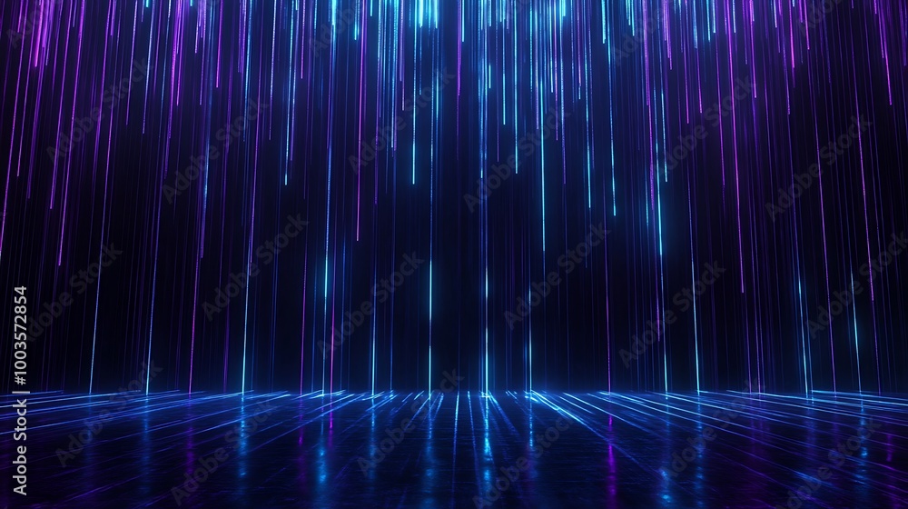 Poster a vibrant abstract background featuring cascading blue and purple light streaks, creating a dynamic 