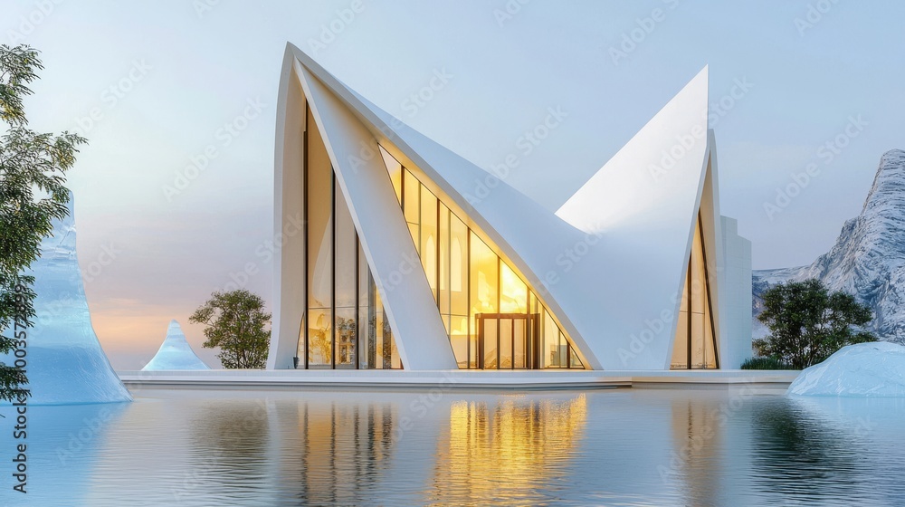 Poster an abstract geometric building with a lake in front. stock image.