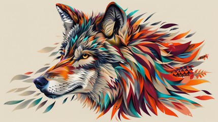 A stunning abstract illustration of a wolf with vibrant geometric patterns and dynamic colors, perfect for modern art and design projects.