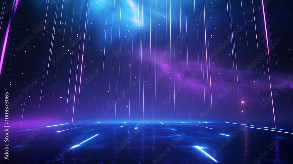 Poster a vibrant cosmic scene with beams of light and a reflective surface, creating an ethereal atmosphere