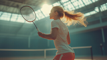 Sports young women with racket and shuttlecock is exercising, playing in badminton on inside court