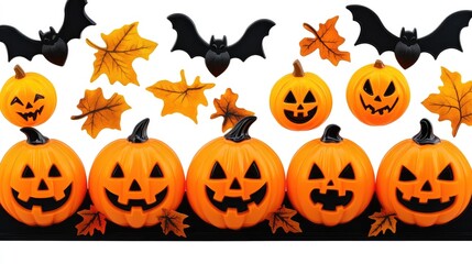Top view of Halloween pumpkins, bats, and leaves scattered on a white background with room for copy space. No people, no logo.