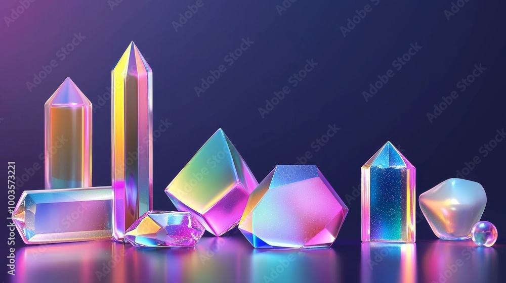Poster modern abstract geometric hologram shape render. holographic forms of cubes, pyramids, and donuts. g