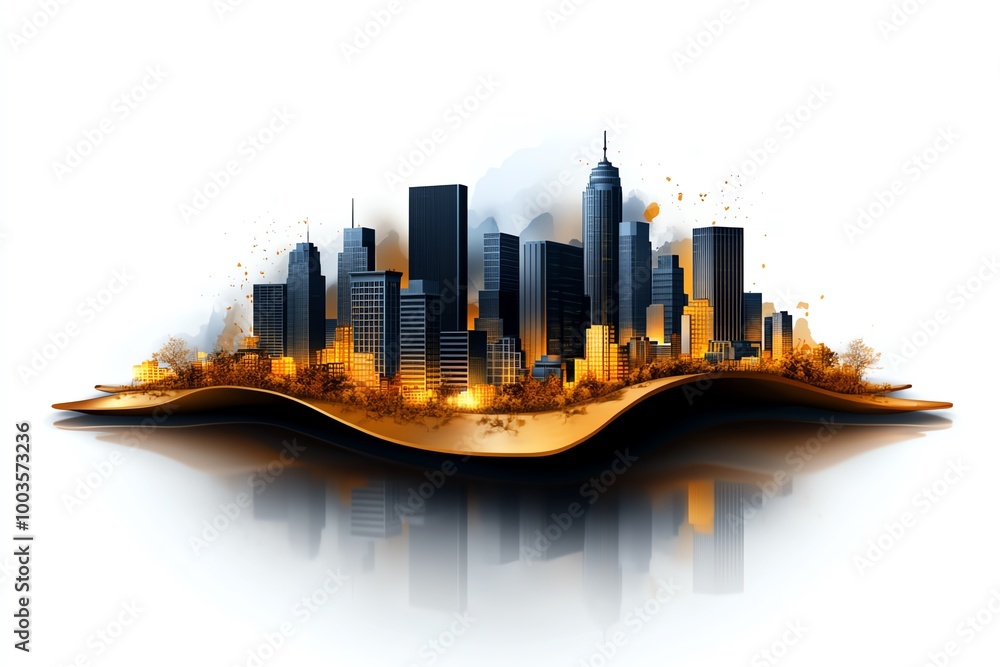 Poster Clean, abstract skyline of a city, using simple lines and shapes to depict tall buildings and open spaces in a modern style