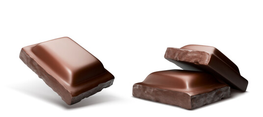 Chocolate bar pieces flying in air. Realistic 3d vector illustration set of dark brown cocoa sweet dessert. Square black or milk choco candy broken chunk. Falling delicious confectionery product cube.