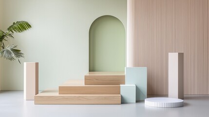 An abstract background in pastel colors featuring geometric copy space and an empty textured backdrop surface for poster decoration