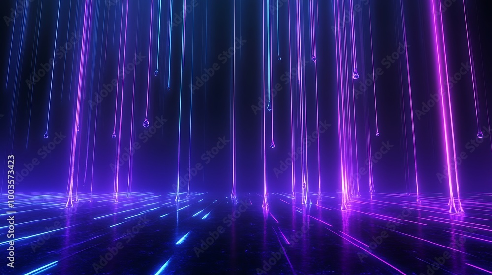 Poster a vibrant display of colored light beams creating dynamic patterns on a dark background.