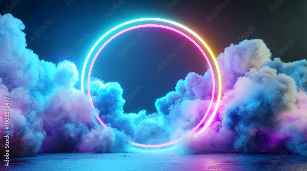 Poster the image consists of an abstract cloud illuminated with neon lights on the dark night sky, surround