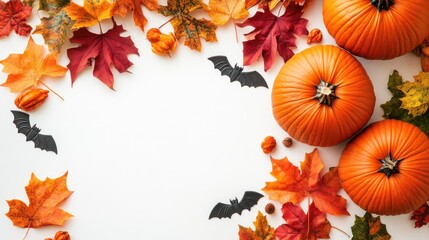 Top-down view of pumpkins and bat decorations on a white background with room for copy space. No people, no logo.