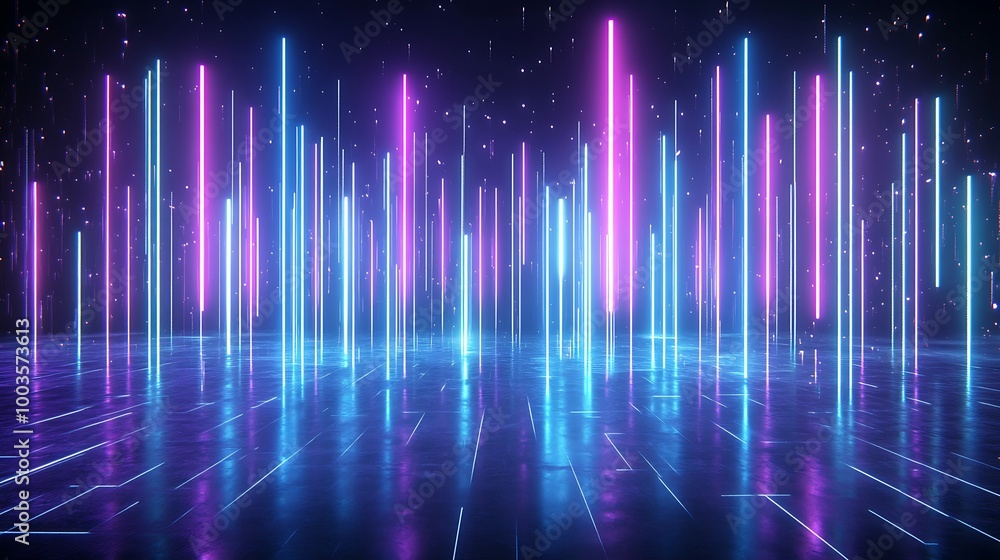 Poster a vibrant display of neon lights in vertical patterns, creating a futuristic and dynamic atmosphere.