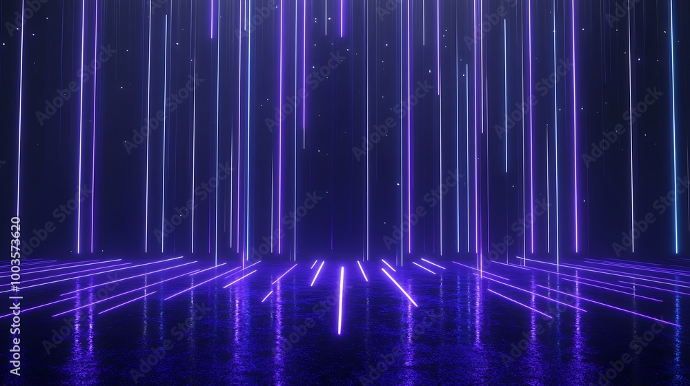 Poster a vibrant display of neon lights with purple beams creating a dynamic visual effect on a reflective 