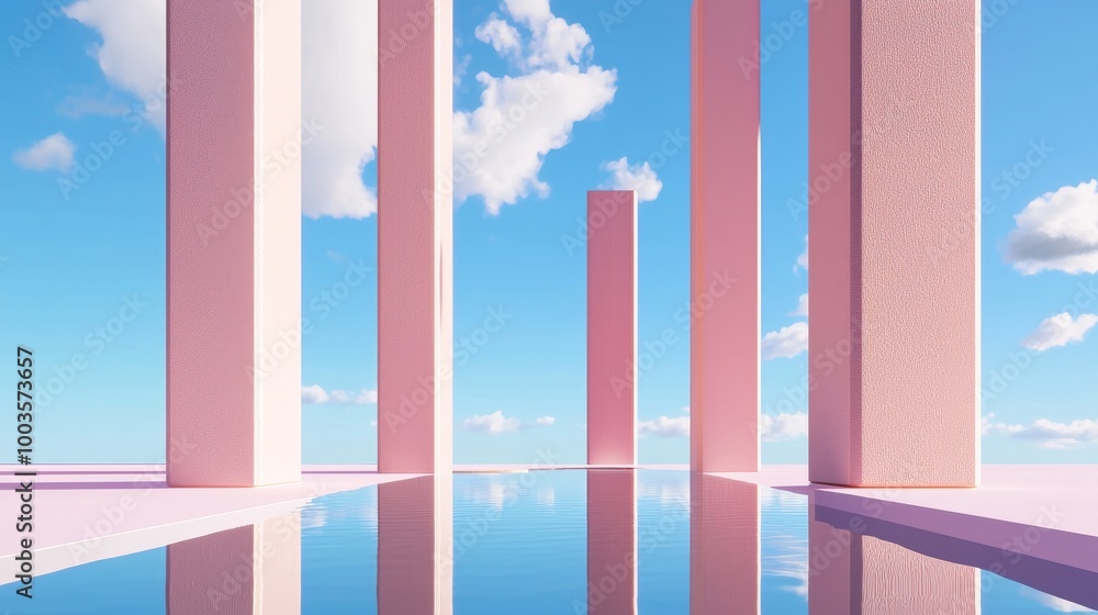 Poster rendering in 3d, abstract, surreal pastel landscape background with architecture and geometric shape