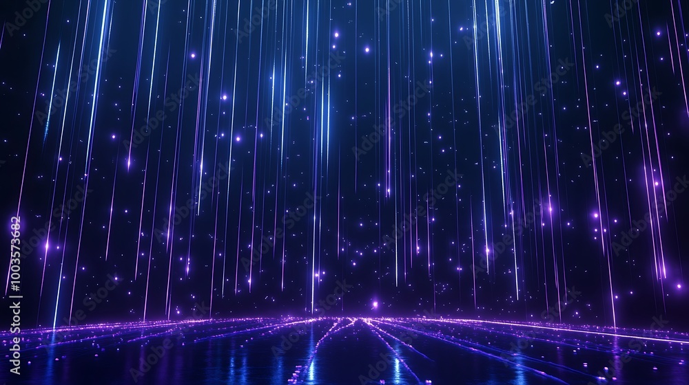 Poster a vibrant display of purple and blue light beams creating a dynamic and futuristic atmosphere.