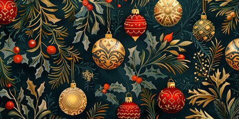 Beautifully decorated Christmas ornaments and holly leaves on a dark background, perfect for holiday-themed designs and festive celebrations.