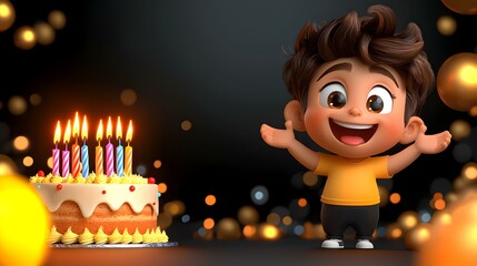Fototapeta premium Joyful celebration, a child surrounded by friends, blowing out candles on a colorful birthday cake, laughter and excitement in the air