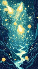 Abstract River With Golden Orbs