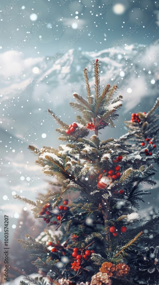 Aufkleber christmas props and a scenic mountain range combined using double exposure for serenity.