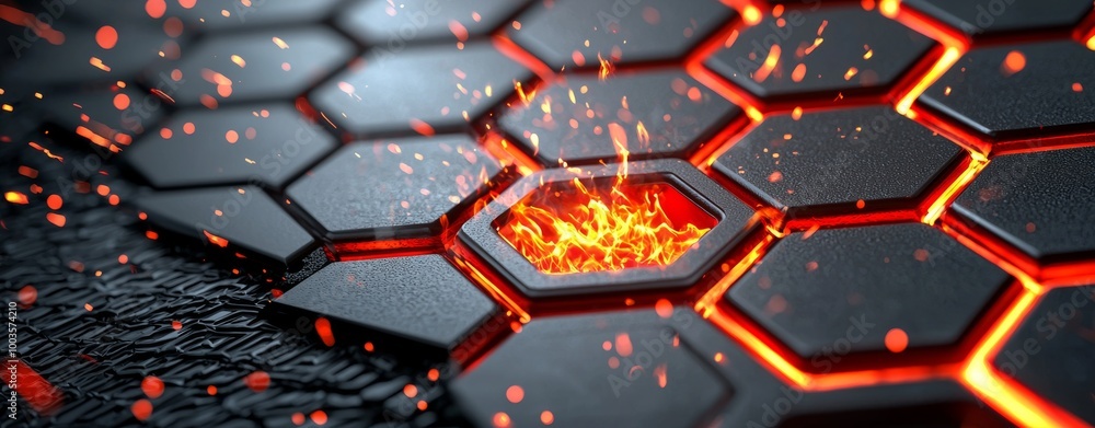 Aufkleber a dynamic black background with glowing red lines and hexagons. ideal for high-tech designs and digi