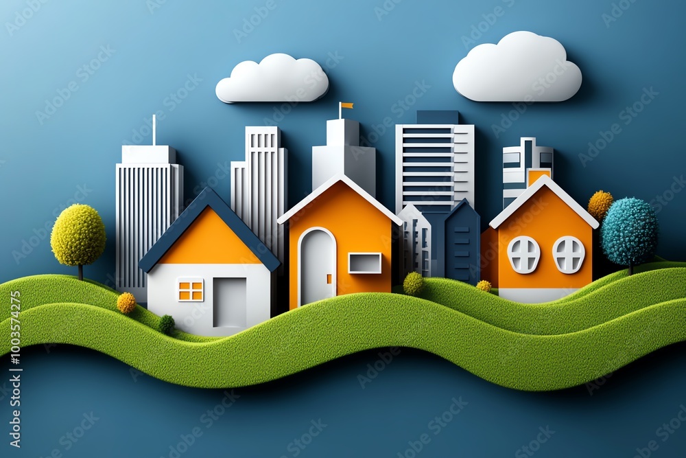 Poster Clean, abstract skyline of a city, using simple lines and shapes to depict tall buildings and open spaces in a modern style