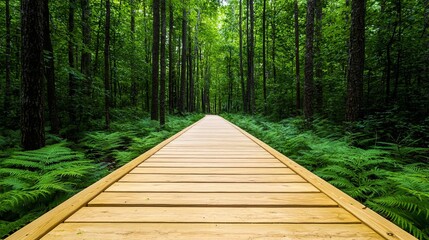Obraz premium Wooden boardwalk winding through a forest of vibrant green trees and ferns, framed by soft sunlight filtering through the leaves, showcasing the tranquil allure of nature