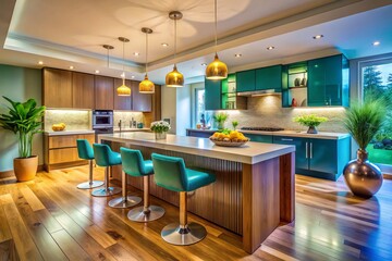 Modern kitchen dining area with bar counter featuring elegant decor and contemporary furniture style