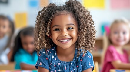 A cheerful girl with curly hair beams brightly in her classroom, her joy contagious.