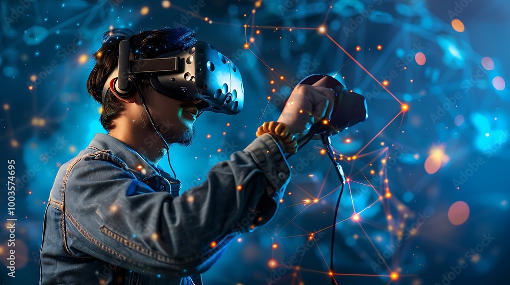 Poster man is wearing a vr headset and holding a controller experiencing a digital world is filled with a n