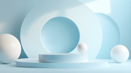 Minimal scene with podium and abstract background. Pastel blue and white colors scene. Trendy 3d render for social media banners, promotion, cosmetic product show. Geometric shapes interior. 