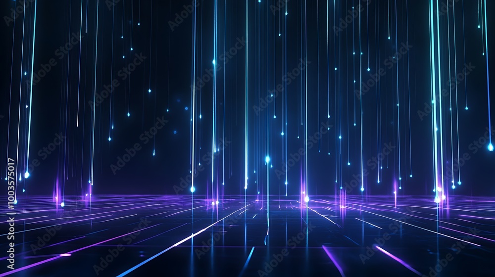 Poster abstract digital background with colorful light rays and glowing dots, creating a futuristic and eth