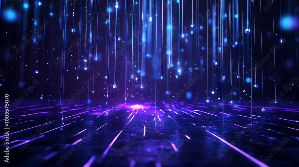 Poster abstract digital background with glowing blue and purple lines and particles, creating a sense of de