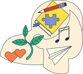 A silhouette of a human head filled with icons representing various interests such as a puzzle piece, music notes, a plant, hearts, a paper airplane, and a pencil.