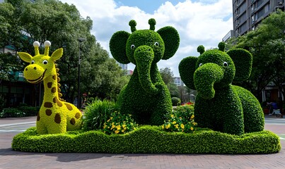 Obraz premium Whimsical Garden of Animal-Shaped Topiaries, vibrant greenery, intricate designs, enchanting atmosphere, playful sculptures throughout the landscape