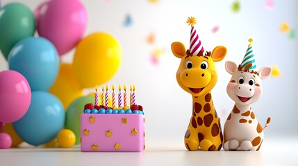 Joyful cartoon animals gathered around a colorful cake, festive decorations, balloons floating, all celebrating a cheerful birthday party.