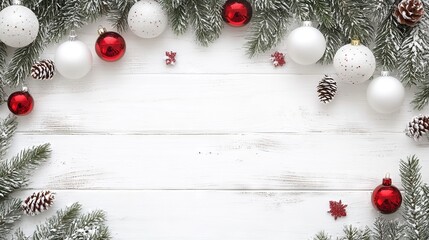 Festive christmas arrangement with fir branches and red and white baubles on white wooden background - perfect noel banner for holiday websites