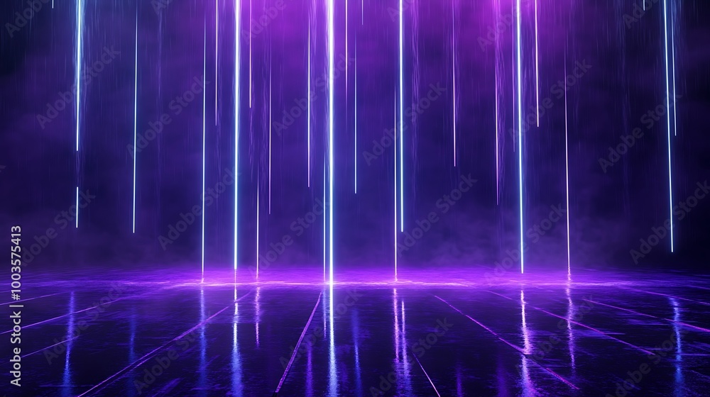 Poster abstract digital background with glowing purple lines and reflections creating a futuristic atmosphe