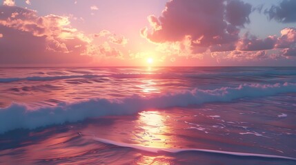 Fototapeta premium Sunset paints the sky with hues of pink, orange, and purple as the sun dips below the horizon over a calm ocean.