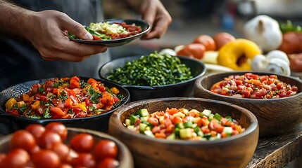 Obraz premium Fresh salads burst with tomatoes, cucumbers, and herbs, a celebration of vibrant ingredients.