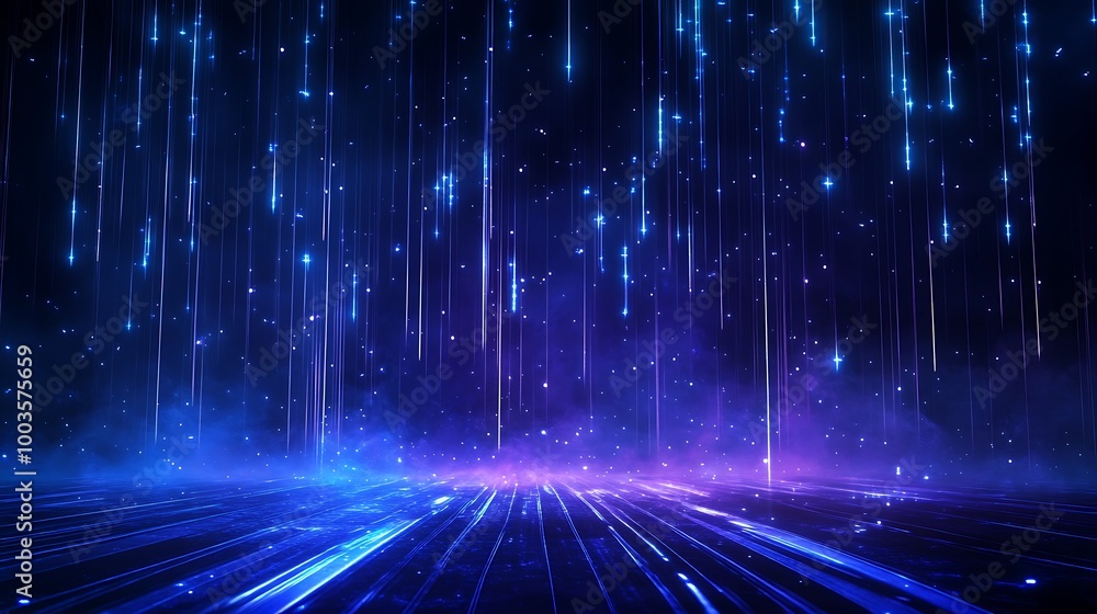 Poster abstract digital background with vibrant blue and purple lights cascading down, creating a mesmerizi