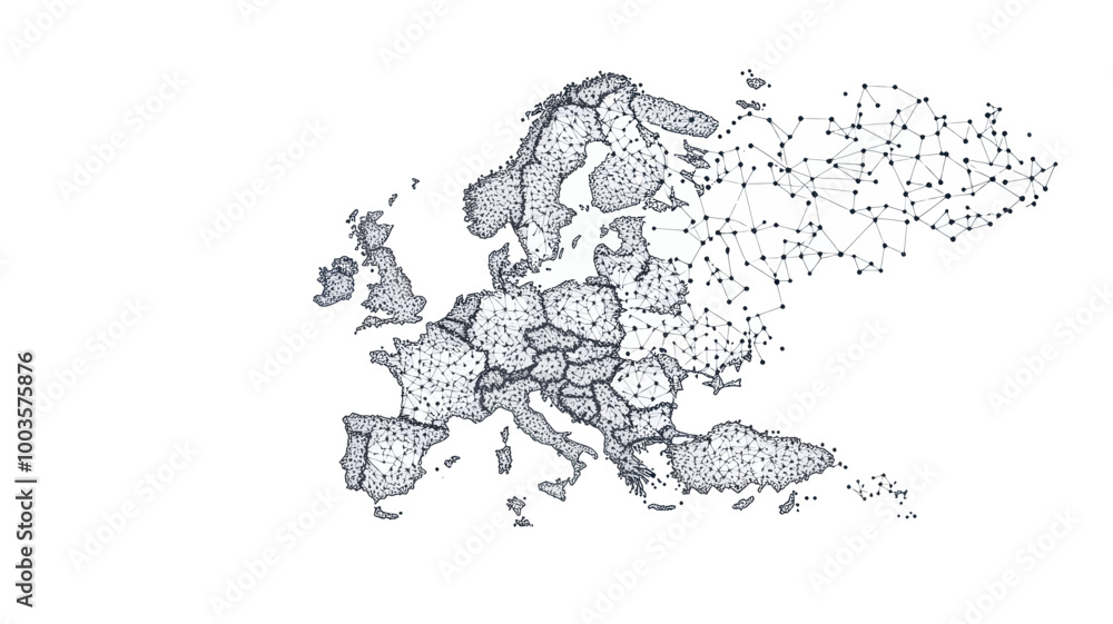 Poster abstract mash line and point europe map with starry sky background - minimalist network connection v
