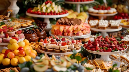 A variety of delectable snacks sweets desserts and decorations are arranged on the table